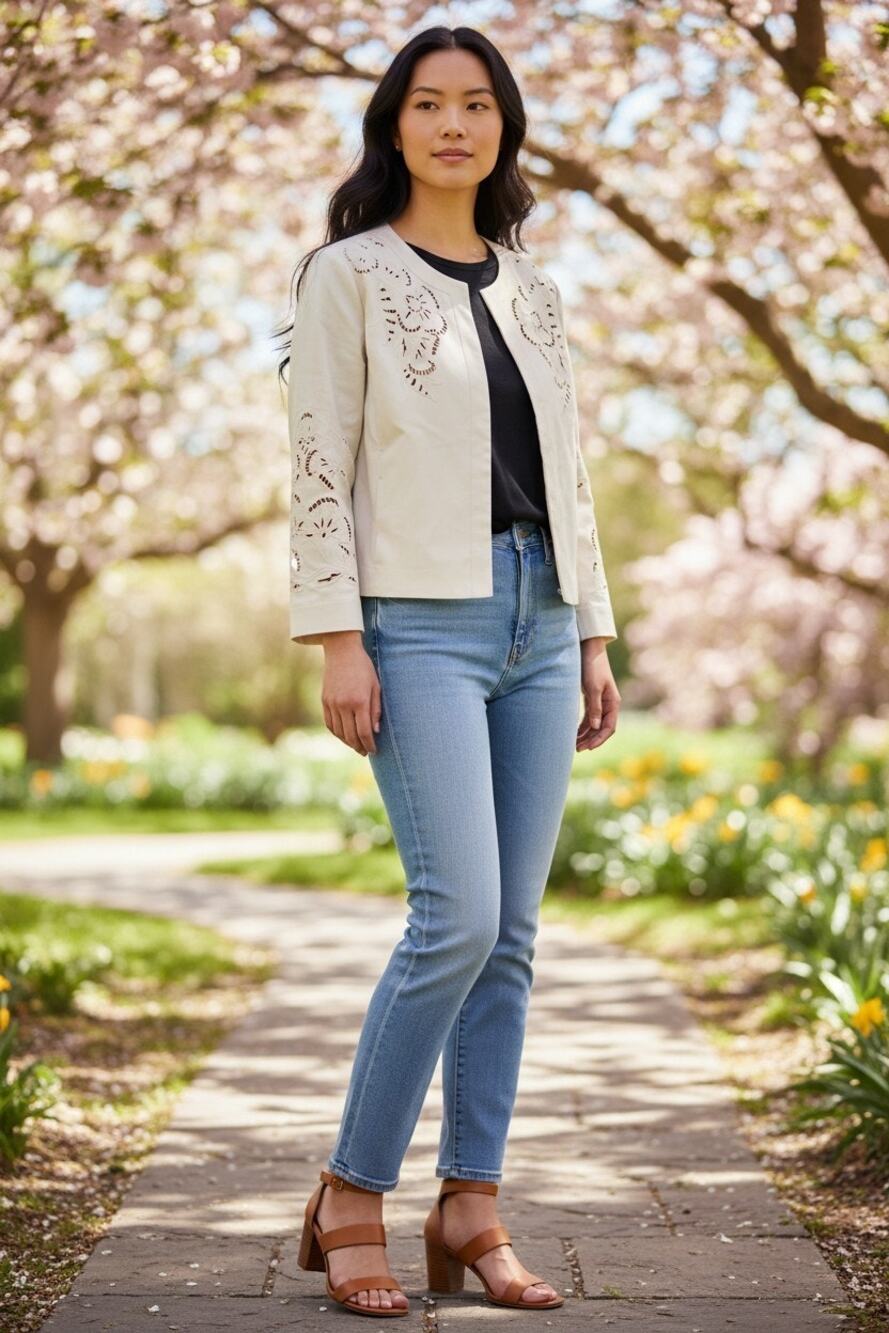 Chicos 2 no collar crop cream cutout floral jacket sz 12 blazer